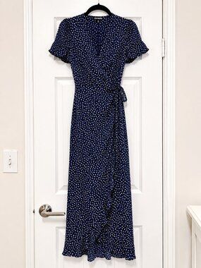 Express Polka Dot Ruffle Maxi Wrap Dress